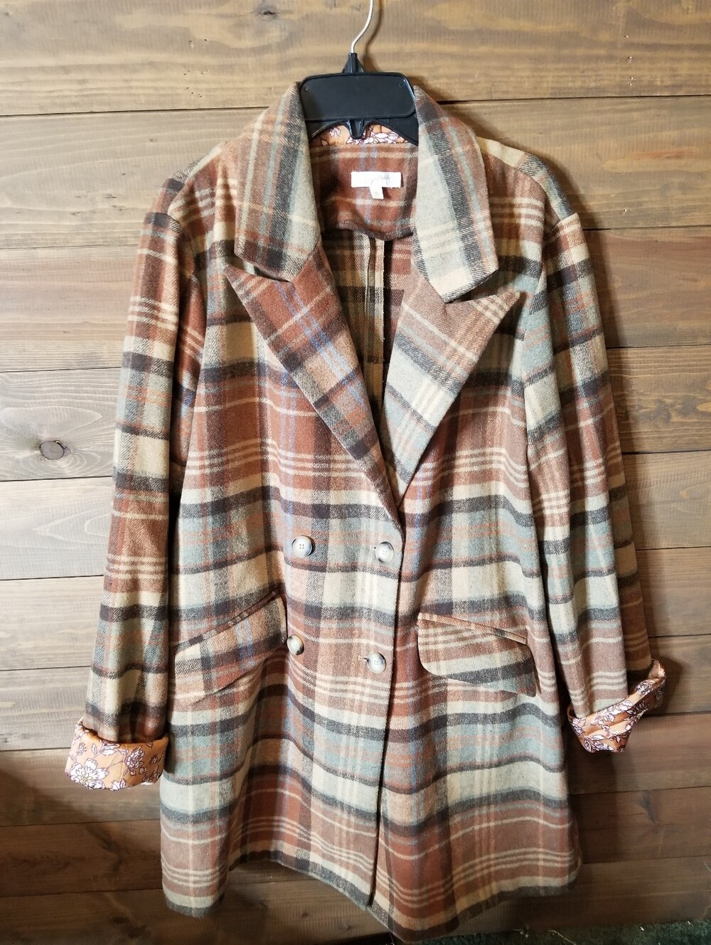 Mystree Double Breasted Brown Plaid Floral Cuffs Pea Coat Dress Overcoat Sz Lg